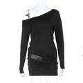 Detail of black one-shoulder long sleeve mini dress with a matching waist belt on a mannequin - S / Black