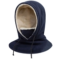 Navy blue winter hood scarf with white fleece lining and black drawstrings for outdoors - One Size / Navy Blue (Fleece)