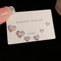 Three pairs of S925 silver heart stud earrings with cubic zirconia on display card - Silver-Rhinestone Heart Set (15#)