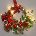 Christmas wreath with buffalo plaid bow, red berries, pine cones and LED lights on grey background - 45cm Half Hanging Wreath (With LED Lights)