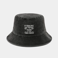 Detail of embroidered 'IT TOOK ME 70 YEARS' text on washed cotton bucket hat - 70 Years Old Birthday Style / Black