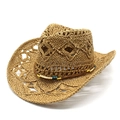 Détail d'un chapeau de cowboy en paille tressée avec décoration de perles colorées - M (56-58cm) / Kaki