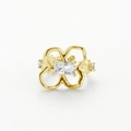 Golden flower hollow ring with a rectangular gemstone and sparkling side stones - 30041-Gold Four Petal Flower Hollow Square Drill Single