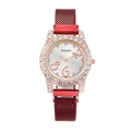 Detail of burgundy Milanese strap with rose gold diamond bezel and sunray dial - Red