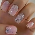 Detailed macro of pink French manicure tips with silver glitter and gold metallic edges - Pink Crushed Diamond Gold Edge (CW458)