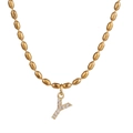 Elegant gold-plated stainless steel bead chain featuring a zircon-studded letter Y pendant - Letter Y