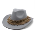 Detail of grey wide brim felt hat with tassels, gold chains and braided leather trim - M (56-58cm) / Light Gray