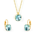 Elegant gold necklace and earring set featuring square light blue faceted crystals - Gold-Lake Blue Crystal