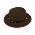 Detail of brown wool fedora hat featuring black PU leather band with silver metal studs - M (56-58cm) / Coffee