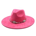 Détail d'un chapeau fedora rose en daim avec ornements ethniques en argent et cordon - M (56-59cm) / Rose Rouge Suède