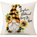 Linen sunflower gnome pillow cover with Bee Kisses text and yellow plaid hat graphic - 45x45cm Pillow Cover / Plaid Hat Sunflower Gnome-1 (22Y1162-1)