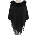 Poncho femme en tricot chenille noir avec col en fausse fourrure et finitions franges - 85*80CM / Noir