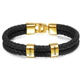 Herren Armband aus schwarzem Leder, doppellagig mit goldfarbenen Perlen und individueller Gravur - 19cm / Goldener Verschluss - 2 Namen