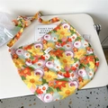 Detail shot of vibrant oil painting flower patterns on a large canvas tote bag - 18D Dessert Yellow Floral