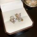 Asymmetric silver heart lock and teddy bear earrings with clear zircon stones - Silver (Eco-friendly Steel Pin/Clear Zirconia)