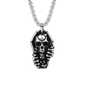 Gothic punk skull pendant necklace in silver stainless steel finish on white background - Coffin Skull + Stainless Steel Chain