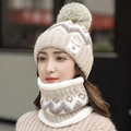 Winter knitted hat and neck warmer set with soft fleece lining and pom-pom detail - One Size / Hat and Scarf Set - Khaki