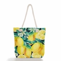Detail of summer lemon print beach tote with durable white woven rope handles - Dark Lemon Flower Print (ms0648)