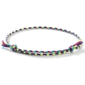 Close-up of bohemian hand-woven colorful friendship bracelet with adjustable knots - Purple Yellow Cyan Blue