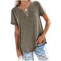 Women's V-neck Henley short sleeve T-shirt with pocket and rolled cuffs in khaki - S / Tops / Tan