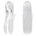 Long white straight cosplay wig with bangs, front and back view on mannequin - White