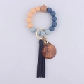 Silicone bead bracelet keychain with wood pendant and tassel for women bag charm. - Ink Blue