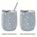 Light blue rhinestone 12oz wine tumbler with sealed straw lid and flat lid options - Blue