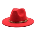 Detail view of red wide brim wool fedora hat with brown braided faux leather band - M (56-58cm) / Red