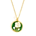 Golden titanium steel necklace with green enamel ginkgo pendant and pearl flower accent - Pearl Flower Necklace-Gold 0251
