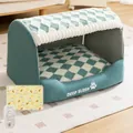 Morandi blue semi-enclosed pet bed with electric heating mat and temperature control - S (35*30*30cm) / 3-Speed Heating Pad Style / Dian Green
