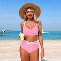 Pink high-waisted bikini set with white stripe details for a sporty summer look - S / Pink