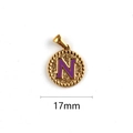 Golden round pendant with purple enamel letter N, 17mm stainless steel charm - Letter N