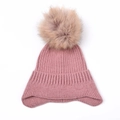 Winter rose pink knit earflap hat with soft faux fur pompom for cold weather warmth - Pink (Kids)