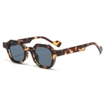 Retro polygon sunglasses with tortoiseshell frames and blue lenses shown from a 45-degree angle - Leopard Frame Black Grey Lens