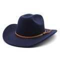 Classic dark blue wool felt fedora hat with brown braided leather band and tassel detail - M (56-58cm) / Navy Blue