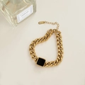 Golden chunky chain necklace featuring a minimalist black square pendant in 18K finish - Cuban Black Tag Bracelet (T167) / Gold