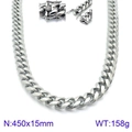 Silver hip hop titanium steel cuban link necklace for men 450mm x 15mm size - Silver Cuban Link Necklace Lobster Clasp 450x15mm(KN93830-Z)
