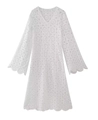 Detailed view of intricate white lace embroidery and V-neckline on long sleeve dress - White