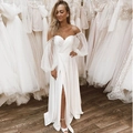 Elegante abito da sposa bianco a spalle scoperte con maniche a sbuffo di perle e spacco - S(US 2) / Avorio