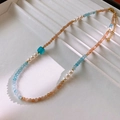 Elegant beaded necklace with light orange and blue stones featuring white pearls - 44# Blue Square Style