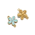 Golden flower jewelry charm with light blue pearl inlay and dual ring connectors - Gold Double Hole Flower Pendant / 5 Pieces / Light Green