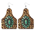 Western leopard print leather cow tag earrings featuring a turquoise center stone inlay - 8-Leopard Turquoise
