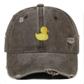 Distressed dark brown washed baseball cap with a yellow duck embroidery on the front - One Size / Coffee