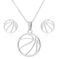 Conjunto de collar y pendientes con colgante de baloncesto calado en plata pulida - Diseño de Baloncesto (073 Color Acero) / Plateado