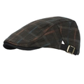Dark brown plaid beret hat with adjustable strap and golden metal buckle side view - One Size / Dark Brown