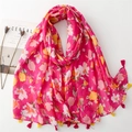 Pansy floral print cotton linen scarf shawl with tassels and rose red flower pattern - Rose Red Base Yellow White & Pink Floral (SL2409-022)