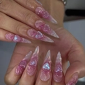 Unghie finte 3D rosa con cuore ed effetto glitter ombre in forma a mandorla - Stile con Colla (JP3244)