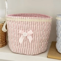 Pink striped fabric storage basket with lace edges and a silk ribbon bow detail - Pink Striped
