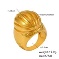 Vintage style chunky titanium steel ring with PVD gold plating and grooved texture - US 6 / Gold