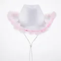 White Western cowboy hat with pink feather trim and adjustable chin strap - White Cowboy Hat With Pink Feather